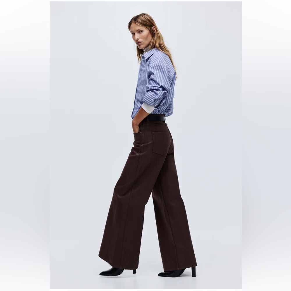 H&M High-Rise Wide-Leg Coated Jeans in Deep Brown